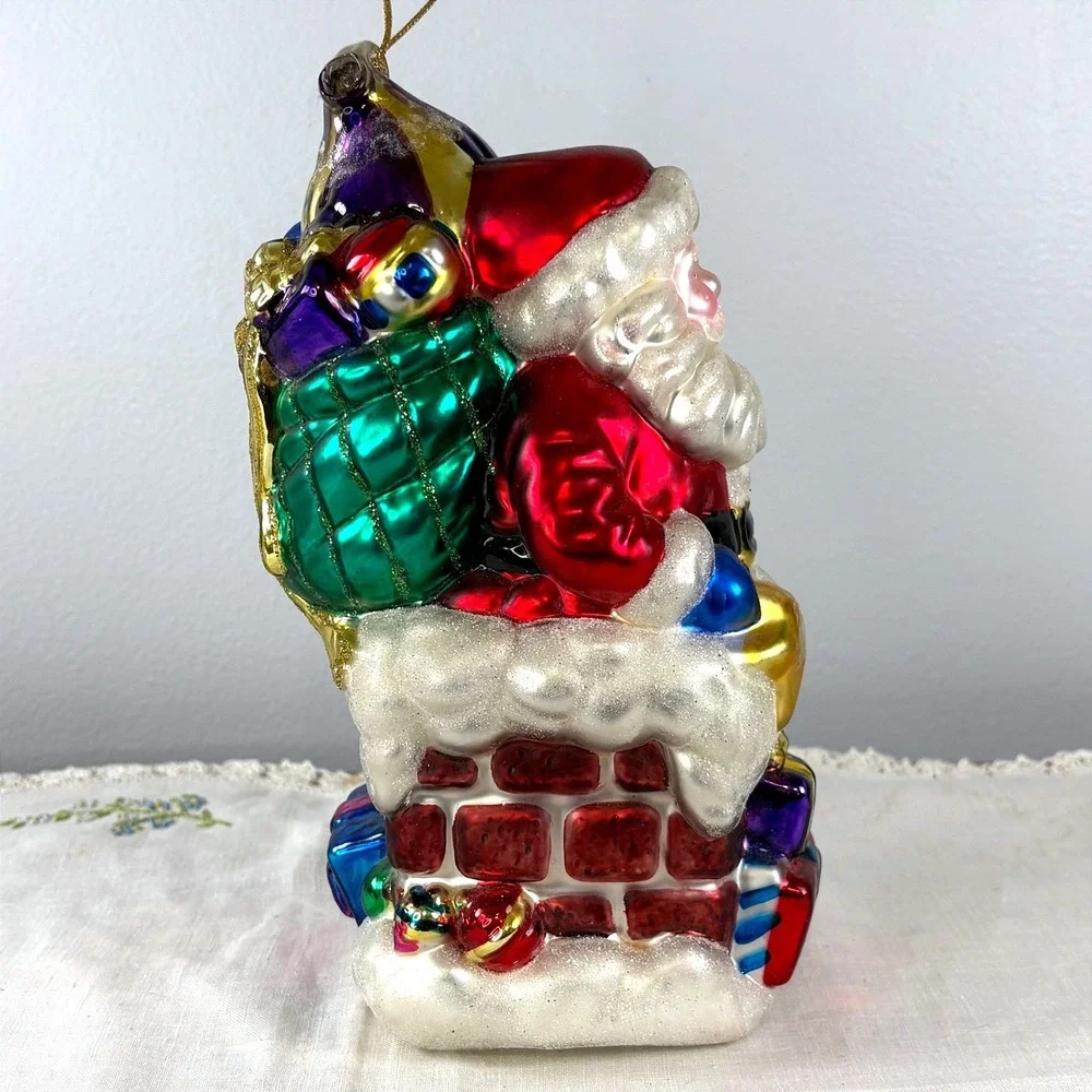 BK 1999 Large Glass Santa on Chimney Christmas Ornament Hand Painted NO‎ BOX